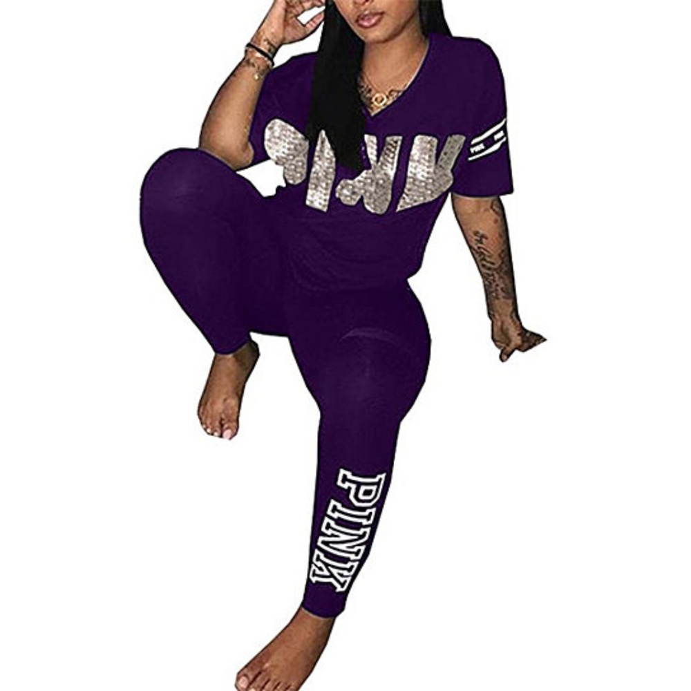 Letter Print Two Piece Outfits V Neck T-Shirt
